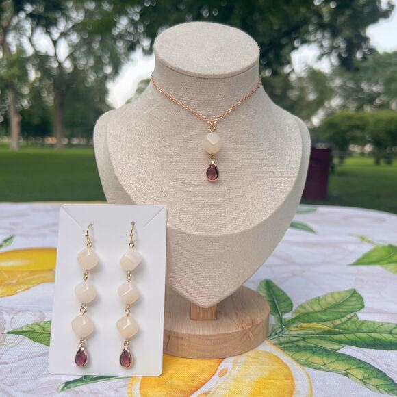 Hand Crafted Jewelry - Garnet Wine Red Crystal Glass Cream Moonstone Agate Style Casual Fun Jewelry Set
